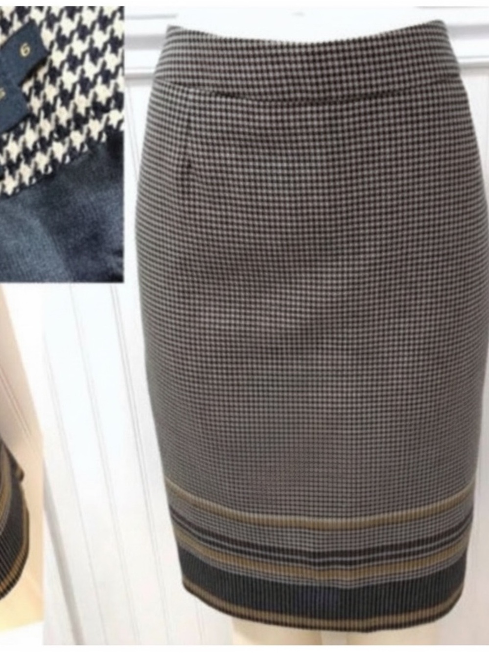 NWT Vintage Pendleton Wool Knit Houndstooth Pencil Skirt Border Stripe 6 Navy §